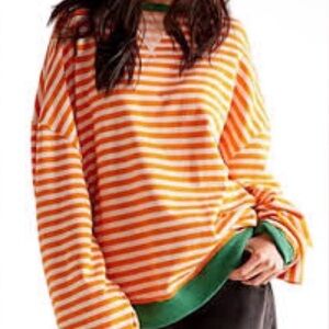 We The Free XL Oversized Orange & Green Striped Sweatshirt (Fit up to 3x)